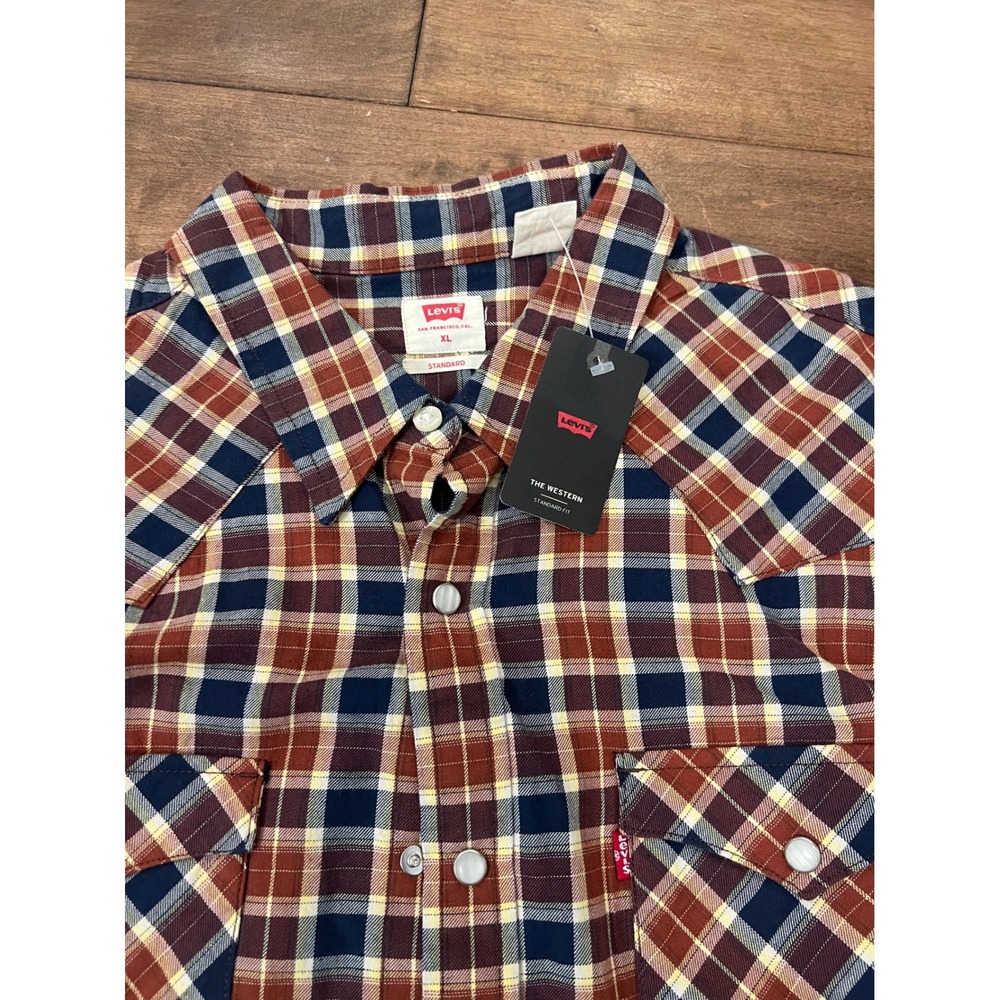 Levis Mens The Western Standard Fit Plaid Snap Button Shirt XL Burgundy Navy - Picture 4 of 7